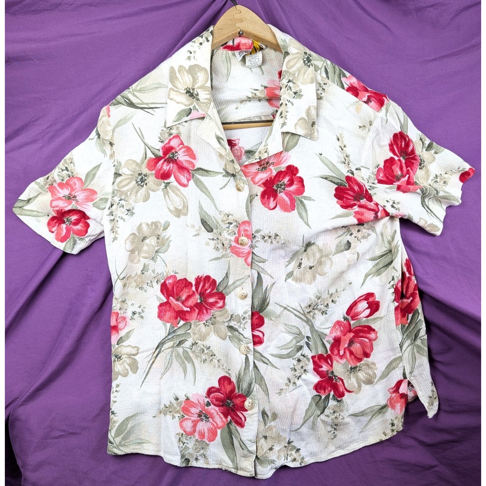 Jaclyn Smith White Red Floral Hawaiian Shirt Flax Blend Shoulder Pads Sz S
